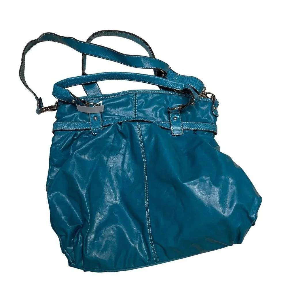 New York & Company Hobo Bag Women OS Teal Blue Snakeskin Trim Slouchy Crossbody